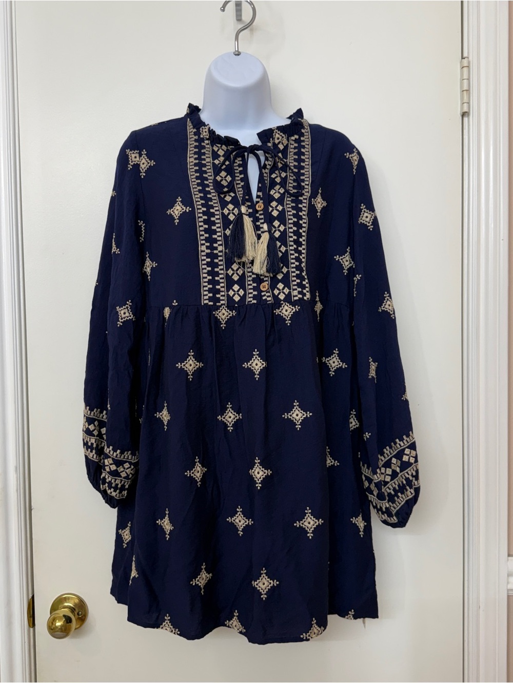 NWT Camellia Embroidered Boho Mini Dress - Size S Tassel Tie Neck- Navy - Picture 6 of 13